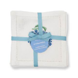 Two's Company Hydrangea Set of 6 Hemstitch Cocktail Napkins w/Hand Embroidered Details –…