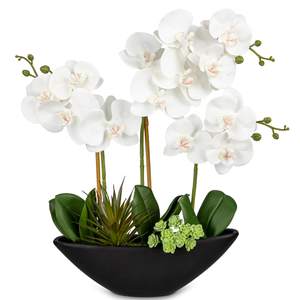 Briful Orchid Fake Flowers 17in White Artificial Orchid Silk Flowers in Black Pot Faux…
