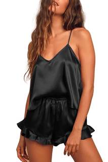 CHYRII Women's Sexy Silk Satin Ruffled Pajamas Sets Cami Shorts Sets Sleepwear Small Black