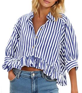 Cicy Bell Womens Cropped Striped Button Down Shirts Ruffle 3/4 Length Tops | Dressy…